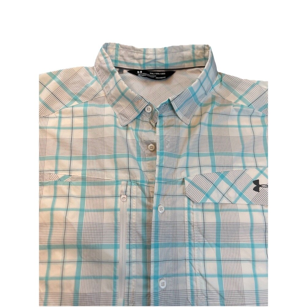 Under Armour Loose HeatGear Mens Fishing Shirt  White Teal  Plaid SZ 2XL UPF50+